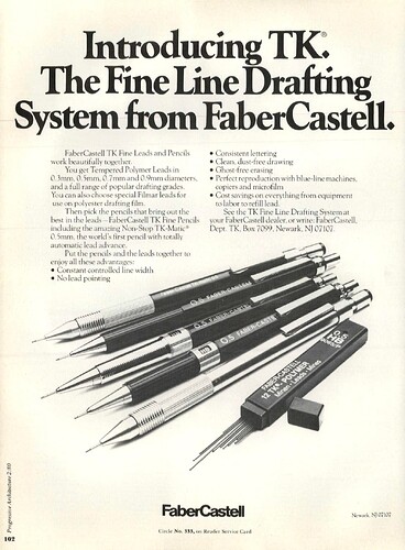 Progressive Architecture 1980-02 - Faber-Castell - Introducing TK - TK-matic:L, TK-fine 9705, 9715, 9765