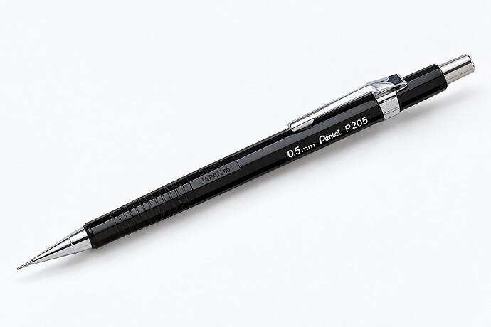 Black Pentel P205 with ribbed plastic grip and chrome clip — AI-polished photo illustration