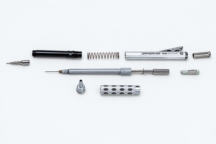 Actual GraphGear 1000 components arranged on a light surface — AI-polished photo illustration