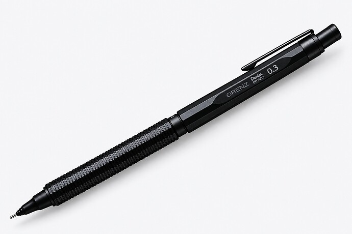Black Pentel Orenz Nero with faceted barrel and ribbed grip — AI-polished photo illustration