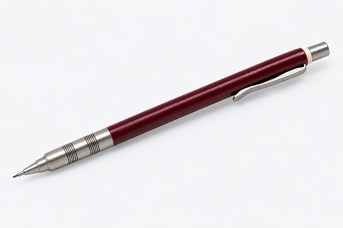Fictional unbranded burgundy mechanical pencil with brushed-metal details — AI-generated illustration