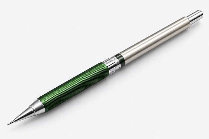 Vintage green and silver Tombow Variable SH-1500VP, isolated with its protective cap removed — AI-polished photo illustration