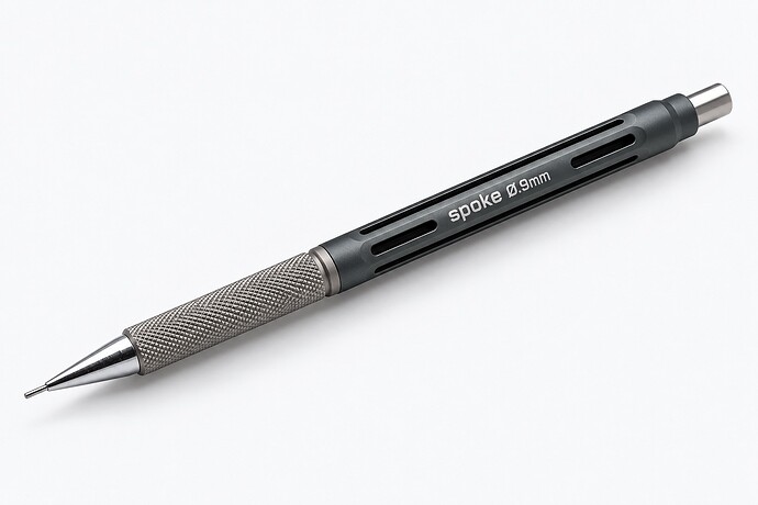 Dark gray Spoke Model 4 with slotted body and titanium knurled grip — AI-polished photo illustration