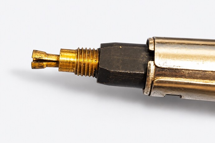 Macro view of the exposed brass clutch and threaded mechanism of a Pentel Mechanica — AI-polished photo illustration