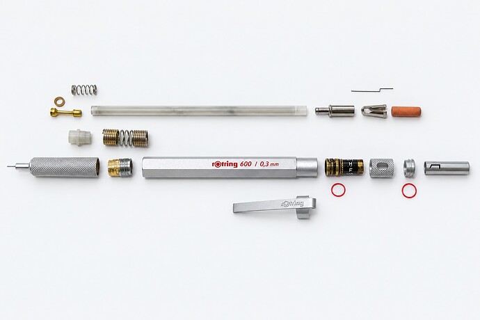 Disassembled vintage silver rOtring 600 with springs, reservoir, grip, barrel and clip laid out — AI-polished photo illustration